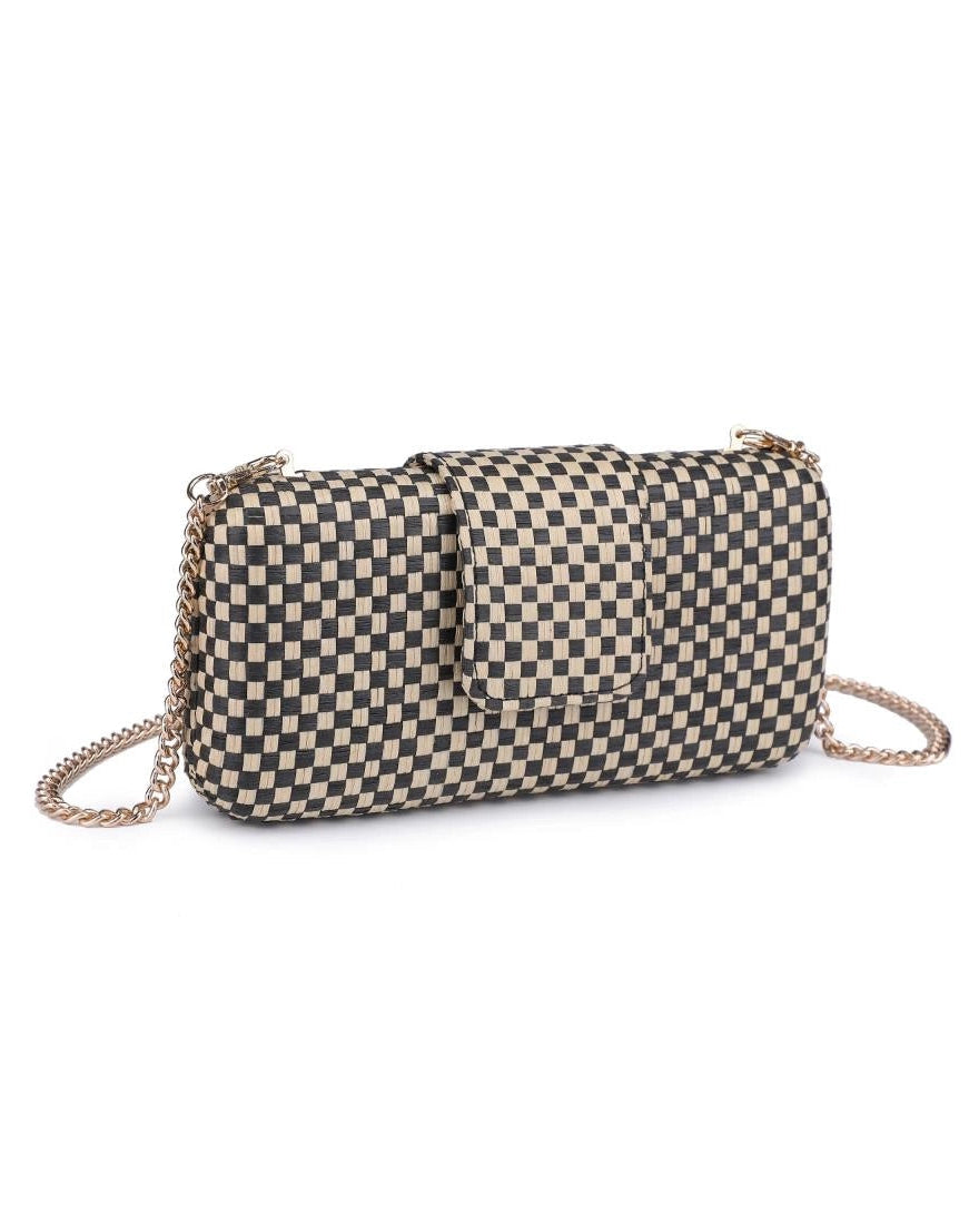 Black and Natural Checkered crossbody bag with chain strap.