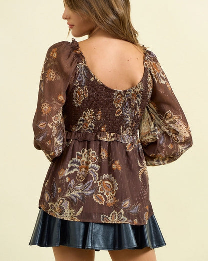 Chocolate Paisley Boho Top with smocked bodice and semi-sheer long sleeves.