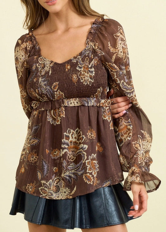 Chocolate Paisley Boho Top with smocked bodice and semi-sheer long sleeves.