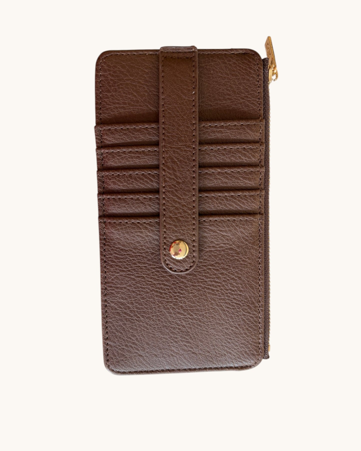 Brown leather wallet with gold accents on a white background.