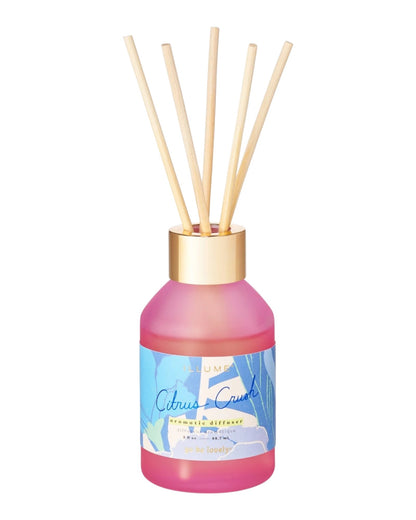 Pink diffuser bottle with wooden sticks on a white background.