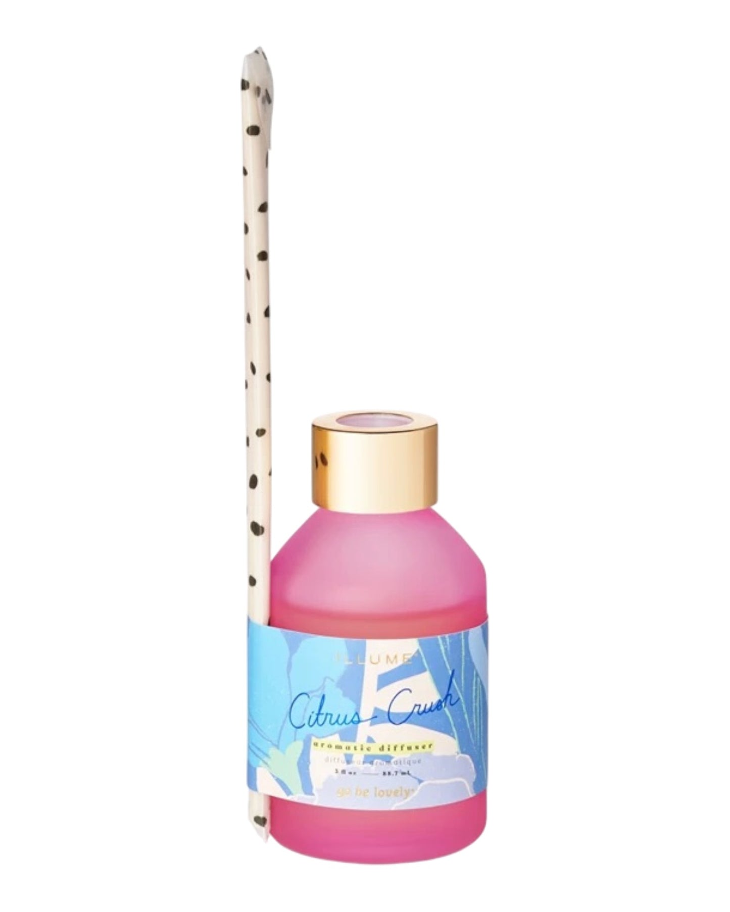 Pink bottle with gold cap and colorful label on a white background.