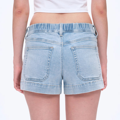 Light blue mid-rise denim shorts with finished hem, elastic waistband, and classic five-pocket style.