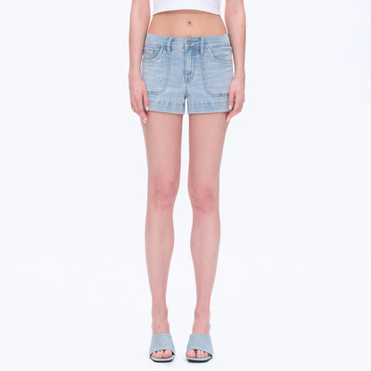 Light blue mid-rise denim shorts with finished hem, elastic waistband, and classic five-pocket style.
