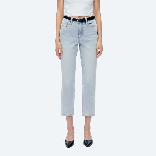 Mid-rise cropped light blue jeans with four pockets and subtle fading details