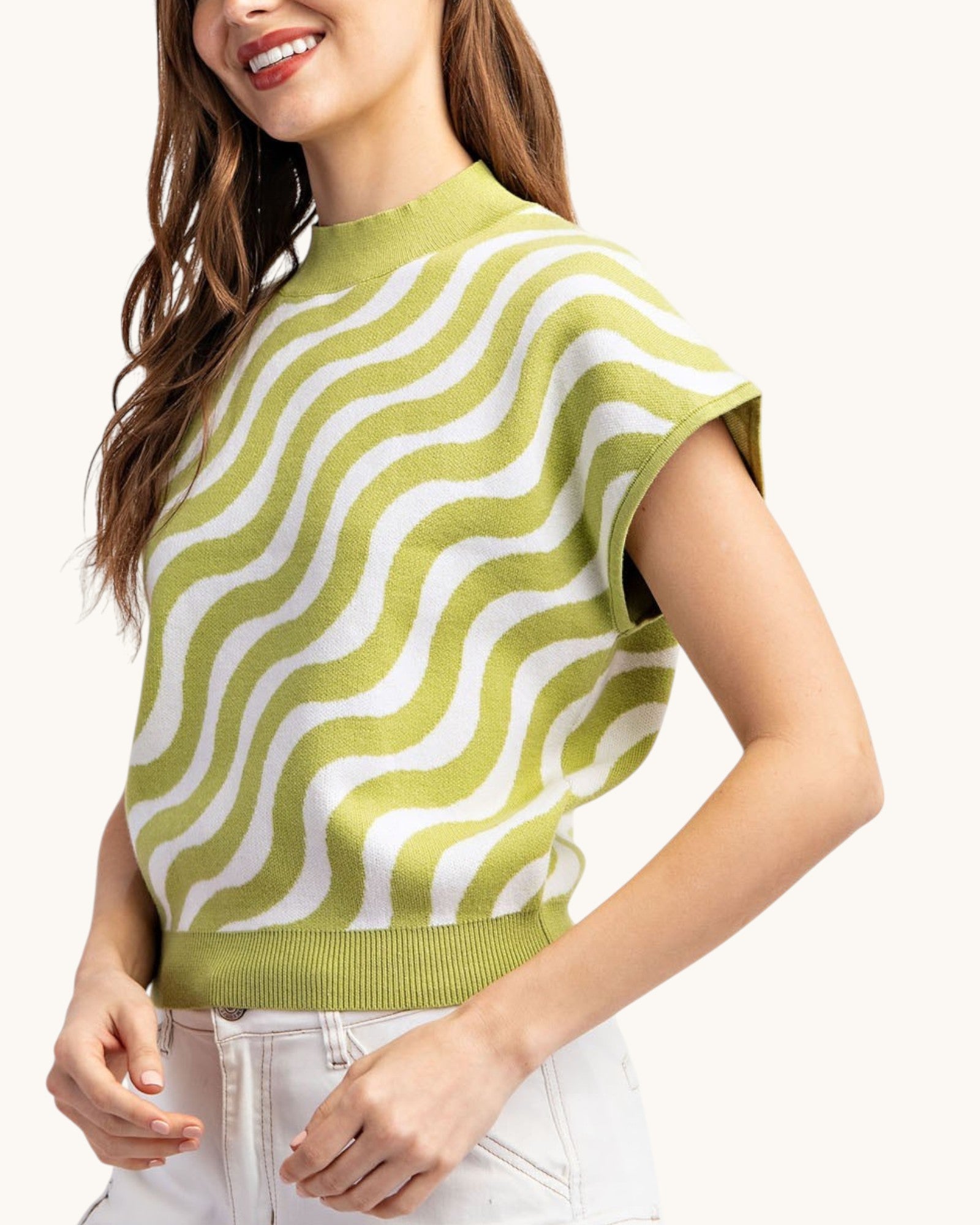 Lime Swirl Summer Sweater, green and white knit top, front view.