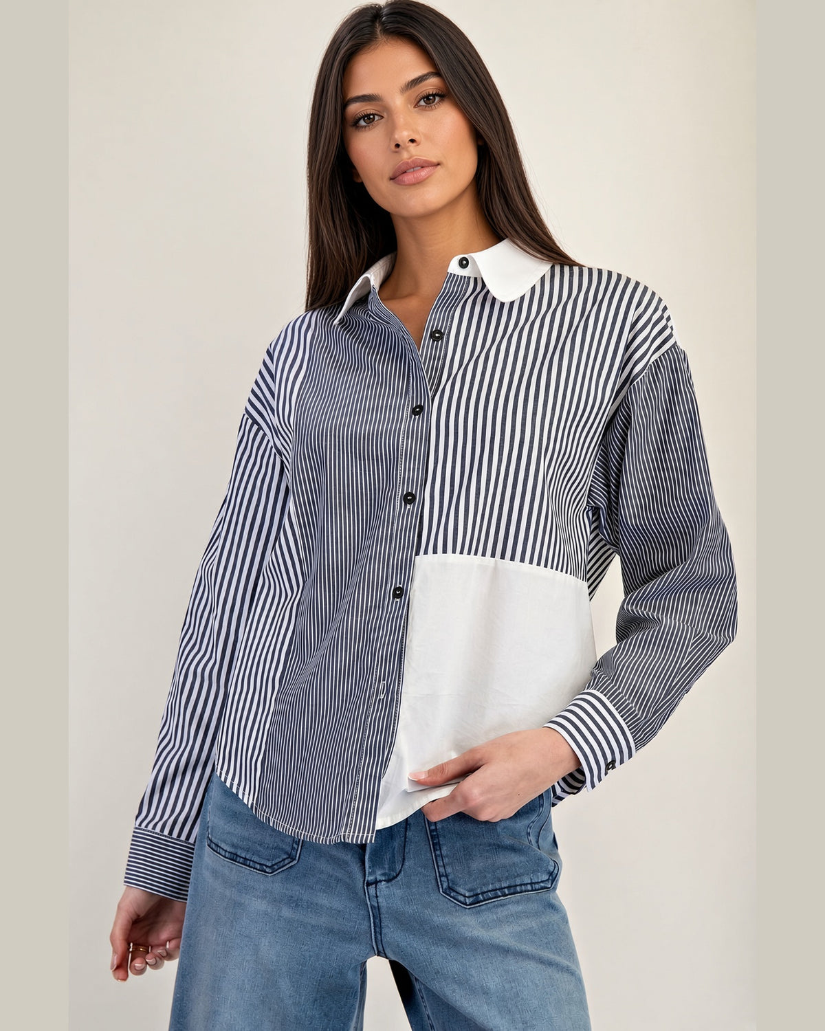 Charcoal and white mixed stripe button-down shirt with contrast collar and front pocket.