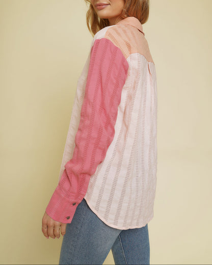 Peach and pink colorblock button-down shirt with embroidered stripes.