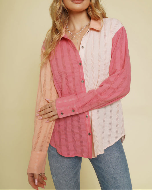Peach and pink colorblock button-down shirt with embroidered stripes.