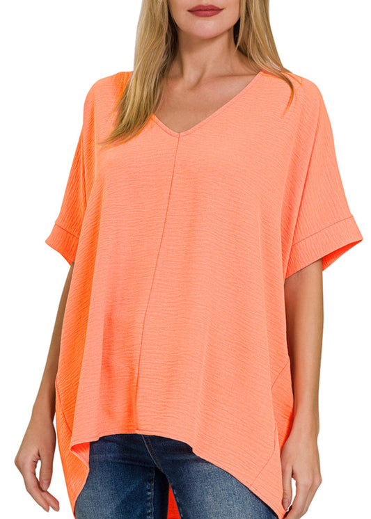 Coral lightweight woven V-neck short sleeve top for women