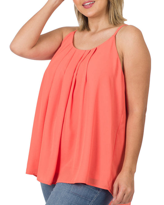 Curvy deep coral pleated tank top with adjustable spaghetti straps and relaxed fit.