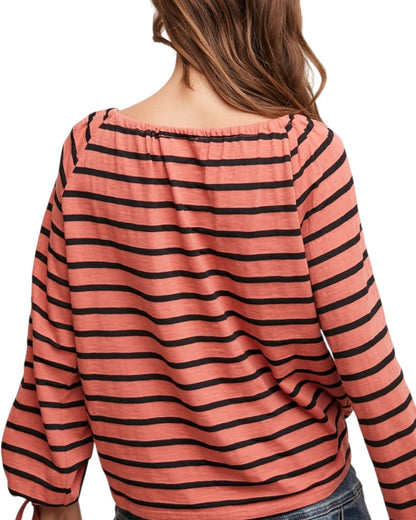 Coral striped cotton peasant top with tie neckline.