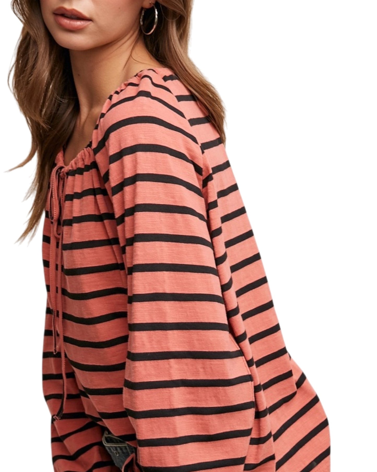 Coral striped cotton peasant top with tie neckline.