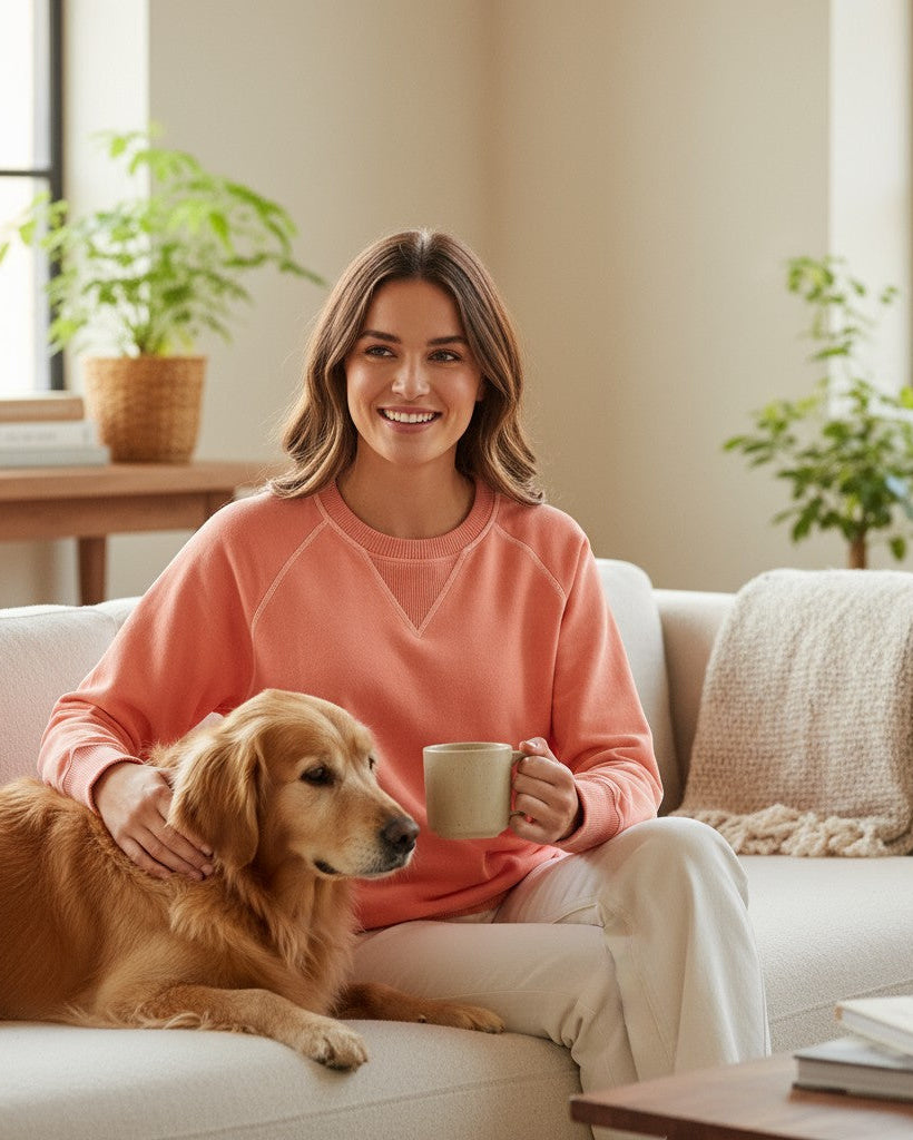 Woman in coral wash sweatshirt sitting on a couch with a dog and holding a mug in a cozy living room.