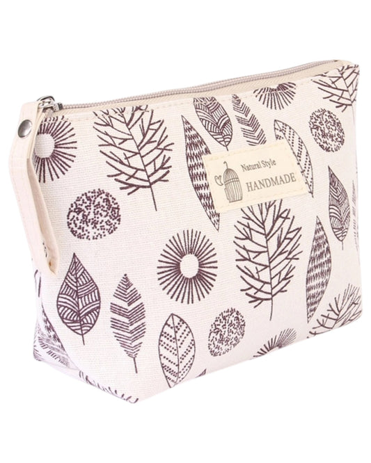 Natural Style Cosmetic Bag in Ivory/Brown and Charcoal/Ivory with tree and leaf prints, lined and zippered for travel or makeup storage.