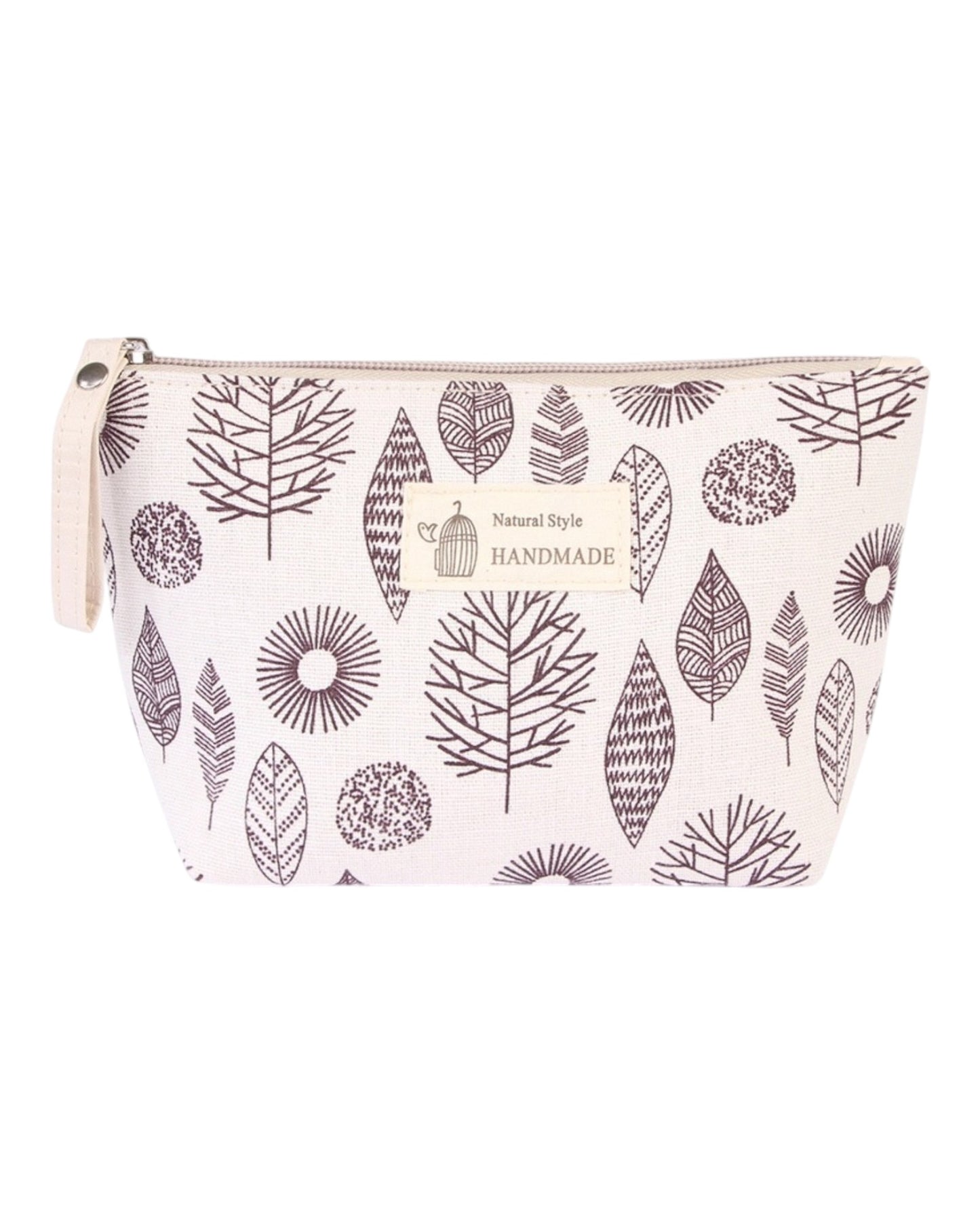 Natural Style Cosmetic Bag in Ivory/Brown and Charcoal/Ivory with tree and leaf prints, lined and zippered for travel or makeup storage.