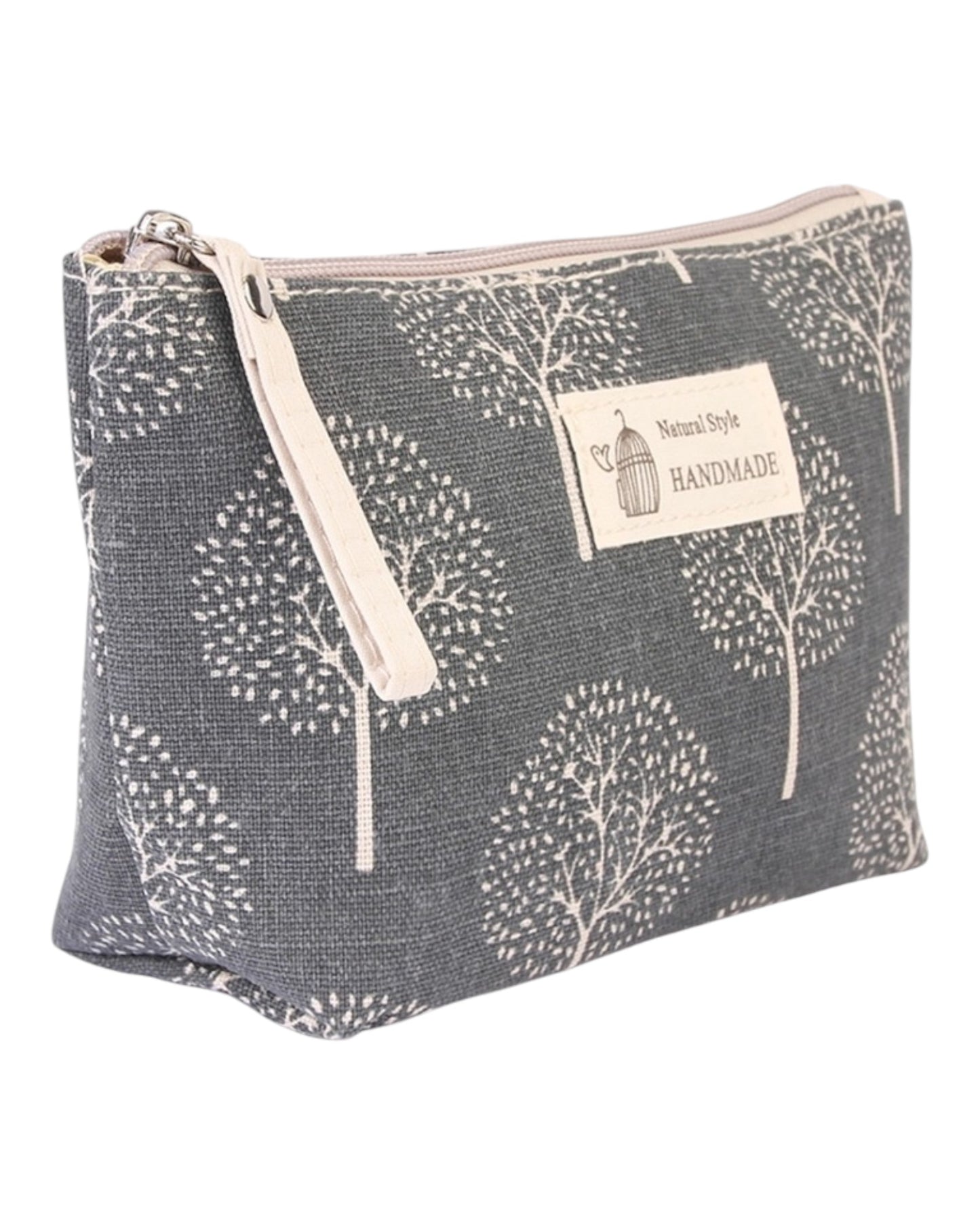 Natural Style Cosmetic Bag in Ivory/Brown and Charcoal/Ivory with tree and leaf prints, lined and zippered for travel or makeup storage.