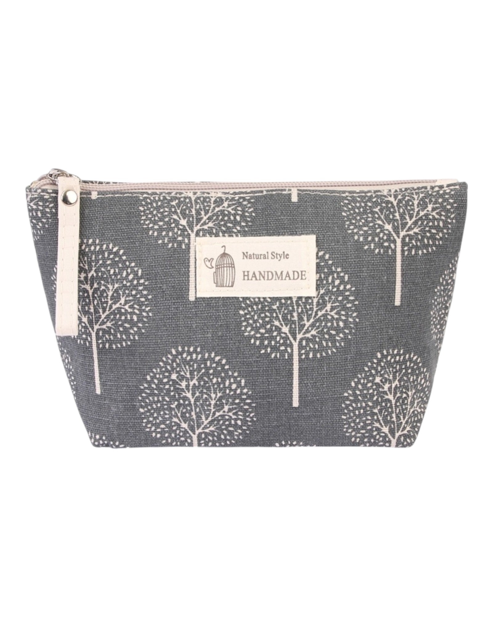 Natural Style Cosmetic Bag in Ivory/Brown and Charcoal/Ivory with tree and leaf prints, lined and zippered for travel or makeup storage.
