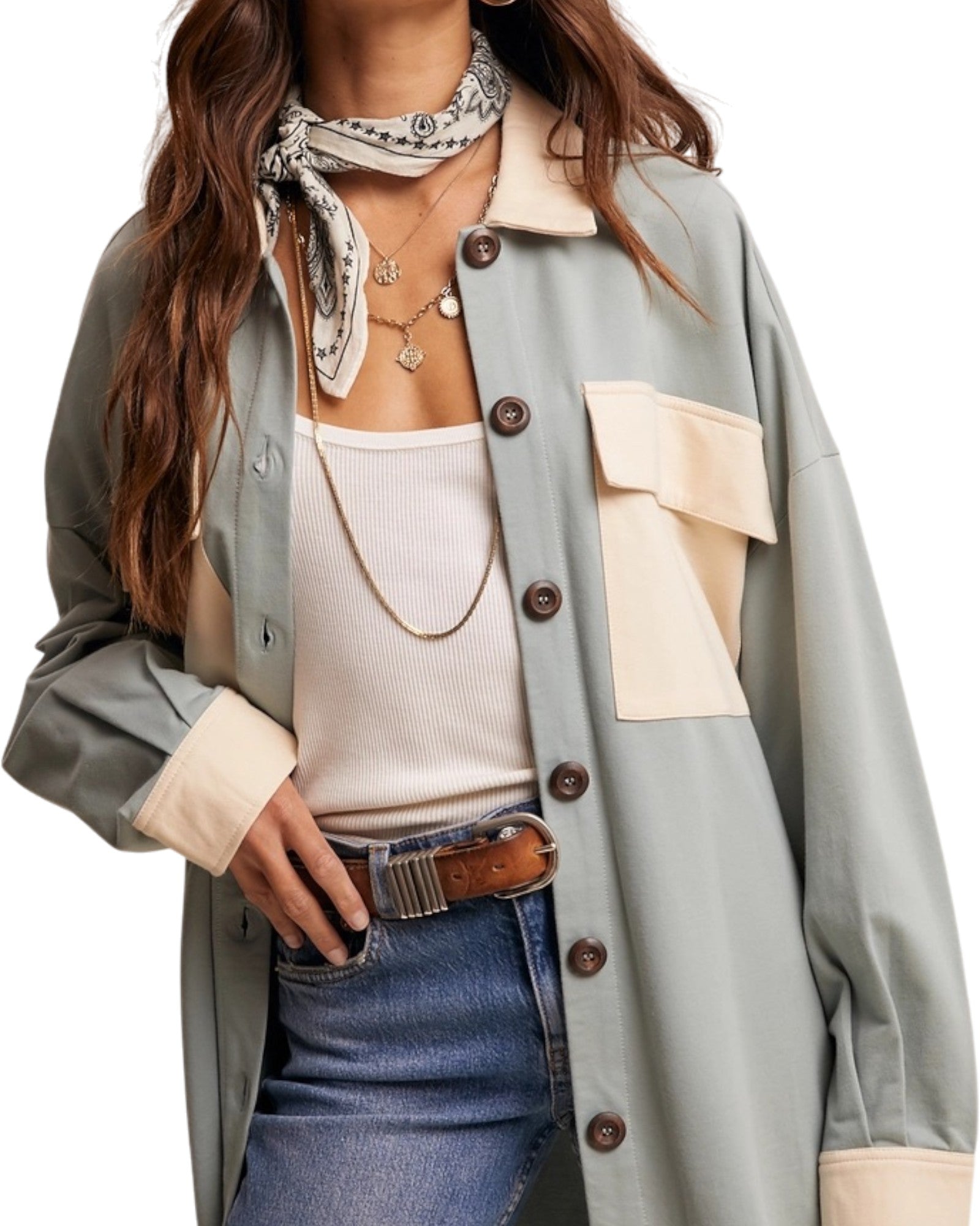 Softline sage tie waist cotton shacket with cream contrast. 