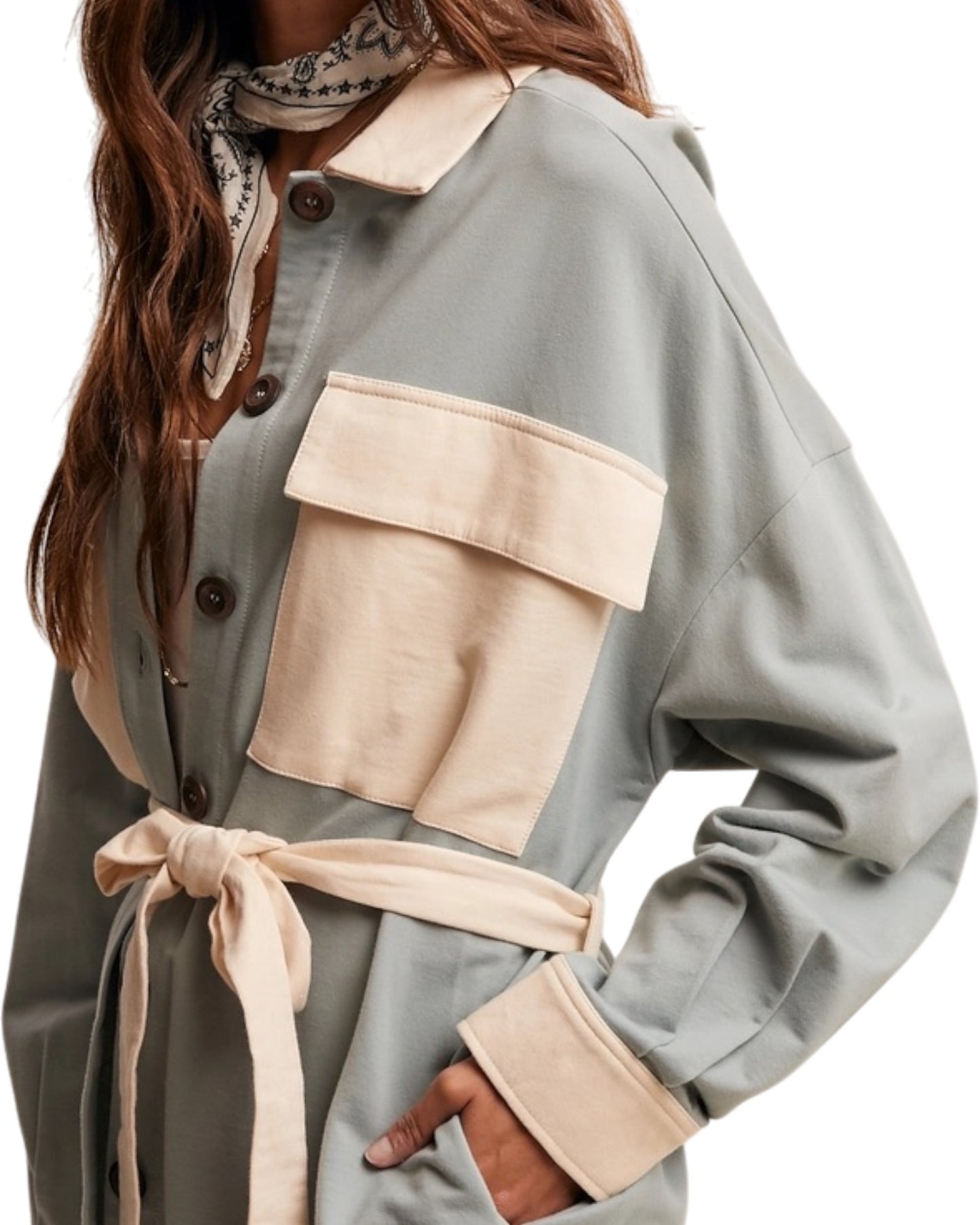 Softline sage tie waist cotton shacket with cream contrast. 
