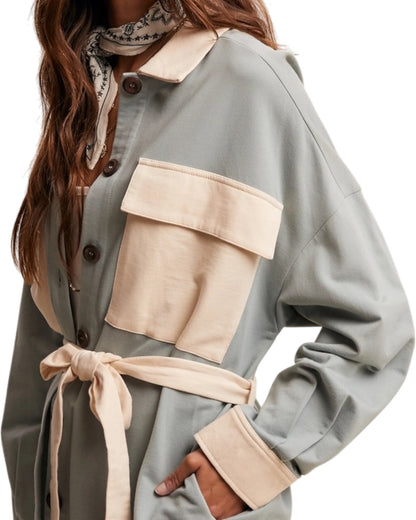 Softline sage tie waist cotton shacket with cream contrast. 