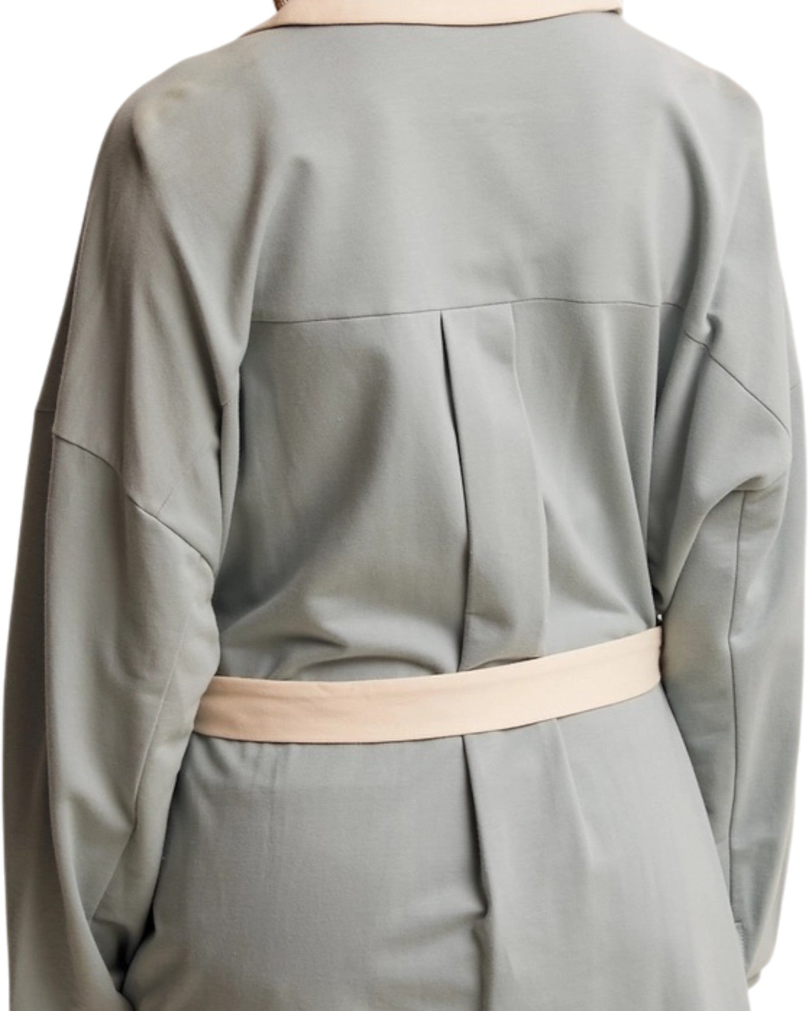 Softline sage tie waist cotton shacket with cream contrast. 