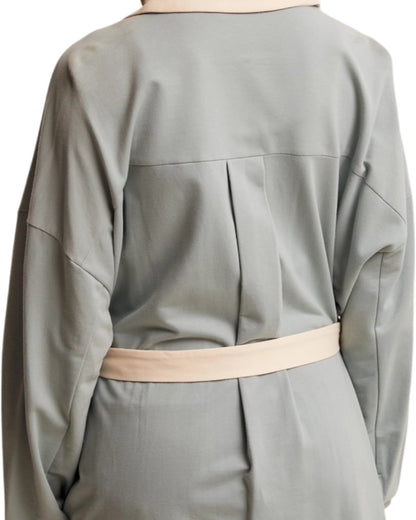 Softline sage tie waist cotton shacket with cream contrast. 
