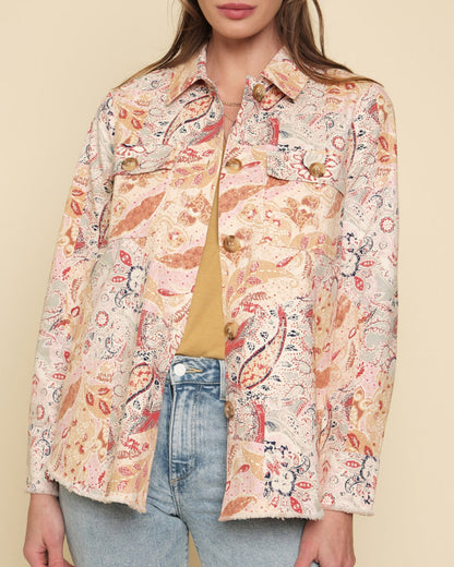 Paisley patchwork shacket with frayed hem and button-up front.