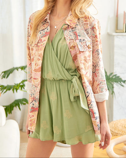 Paisley patchwork shacket with frayed hem and button-up front.