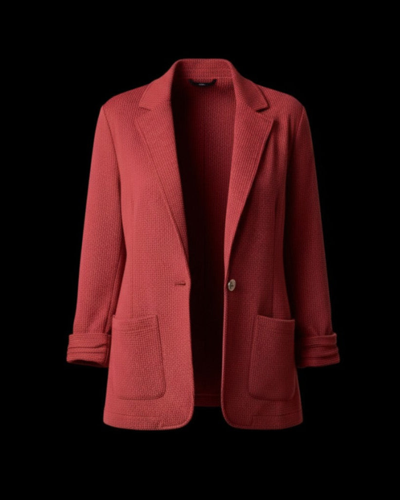Cranberry Blazer with soft ribbed waffle-knit fabric, shirred sleeves, and a single-button closure.
