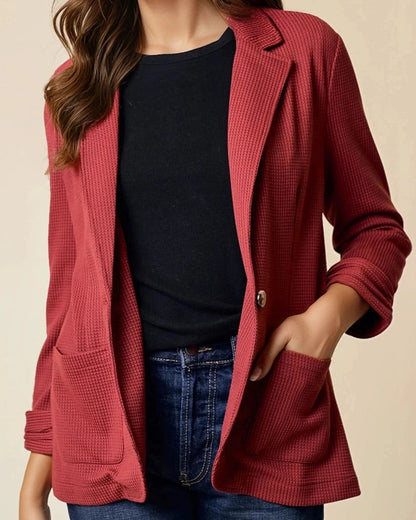 Cranberry Blazer with soft ribbed waffle-knit fabric, shirred sleeves, and a single-button closure.