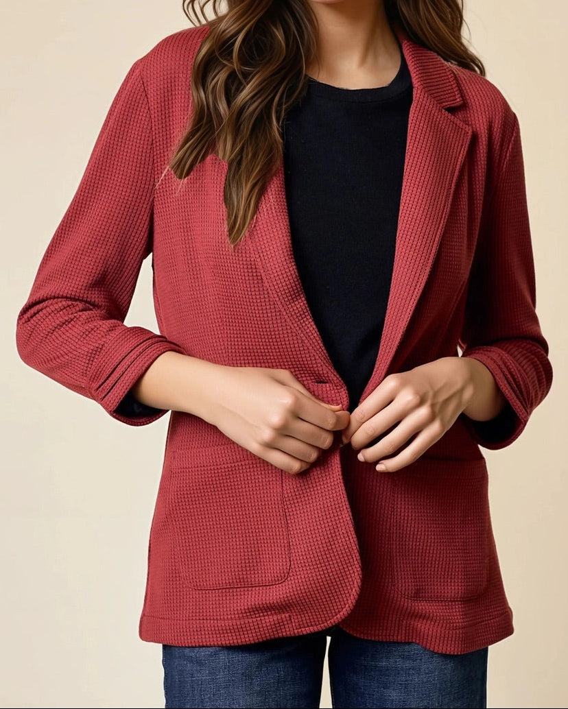 Cranberry Blazer with soft ribbed waffle-knit fabric, shirred sleeves, and a single-button closure.