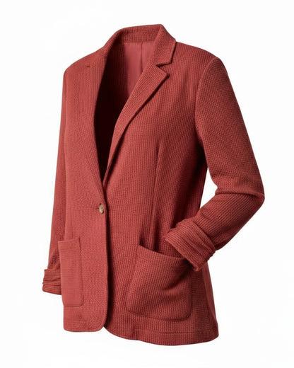 Cranberry Blazer with soft ribbed waffle-knit fabric, shirred sleeves, and a single-button closure.
