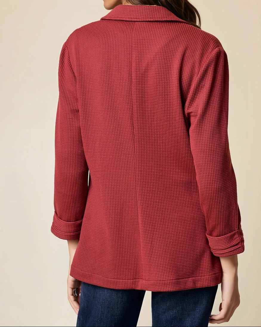 Cranberry Blazer with soft ribbed waffle-knit fabric, shirred sleeves, and a single-button closure.