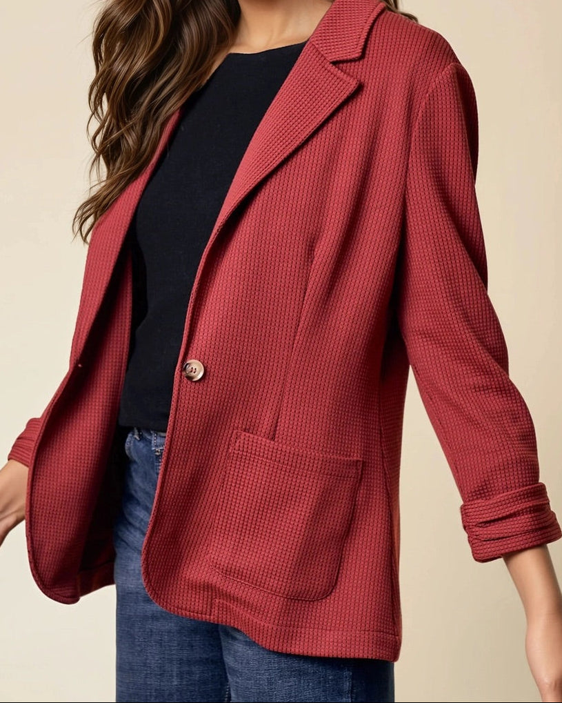 Cranberry Blazer with soft ribbed waffle-knit fabric, shirred sleeves, and a single-button closure.
