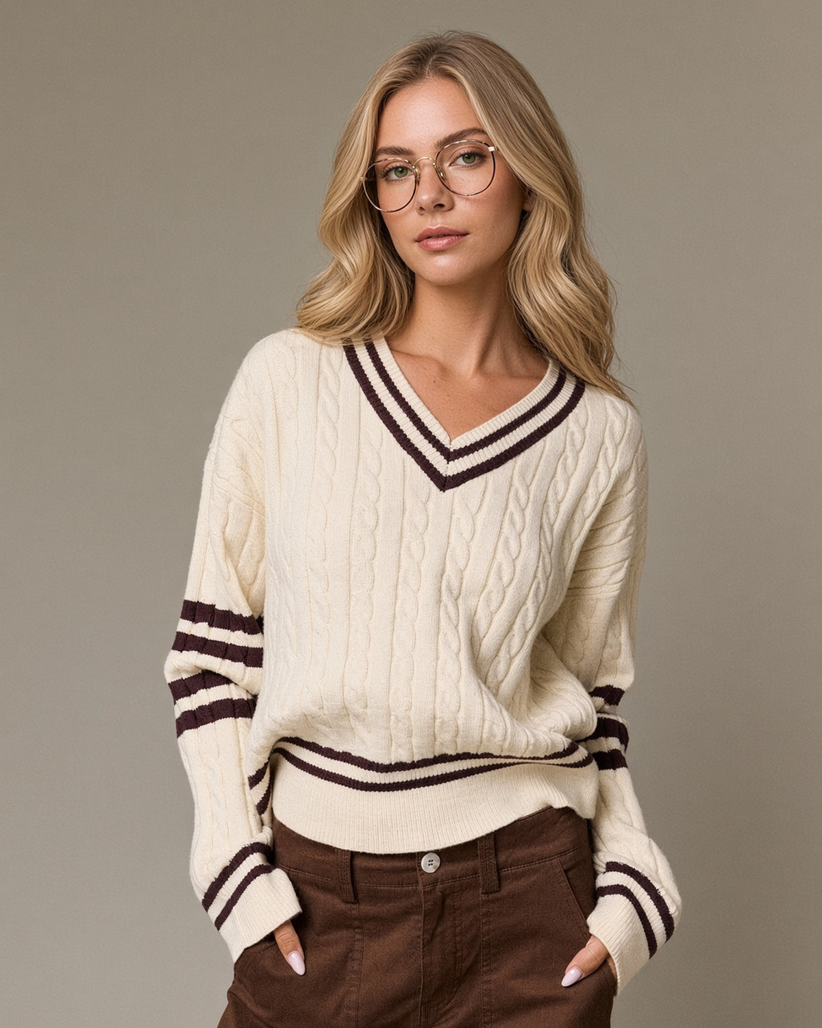 Model wearing a cream cable knit V-neck sweater with brown striped neckline, sleeves and hem.