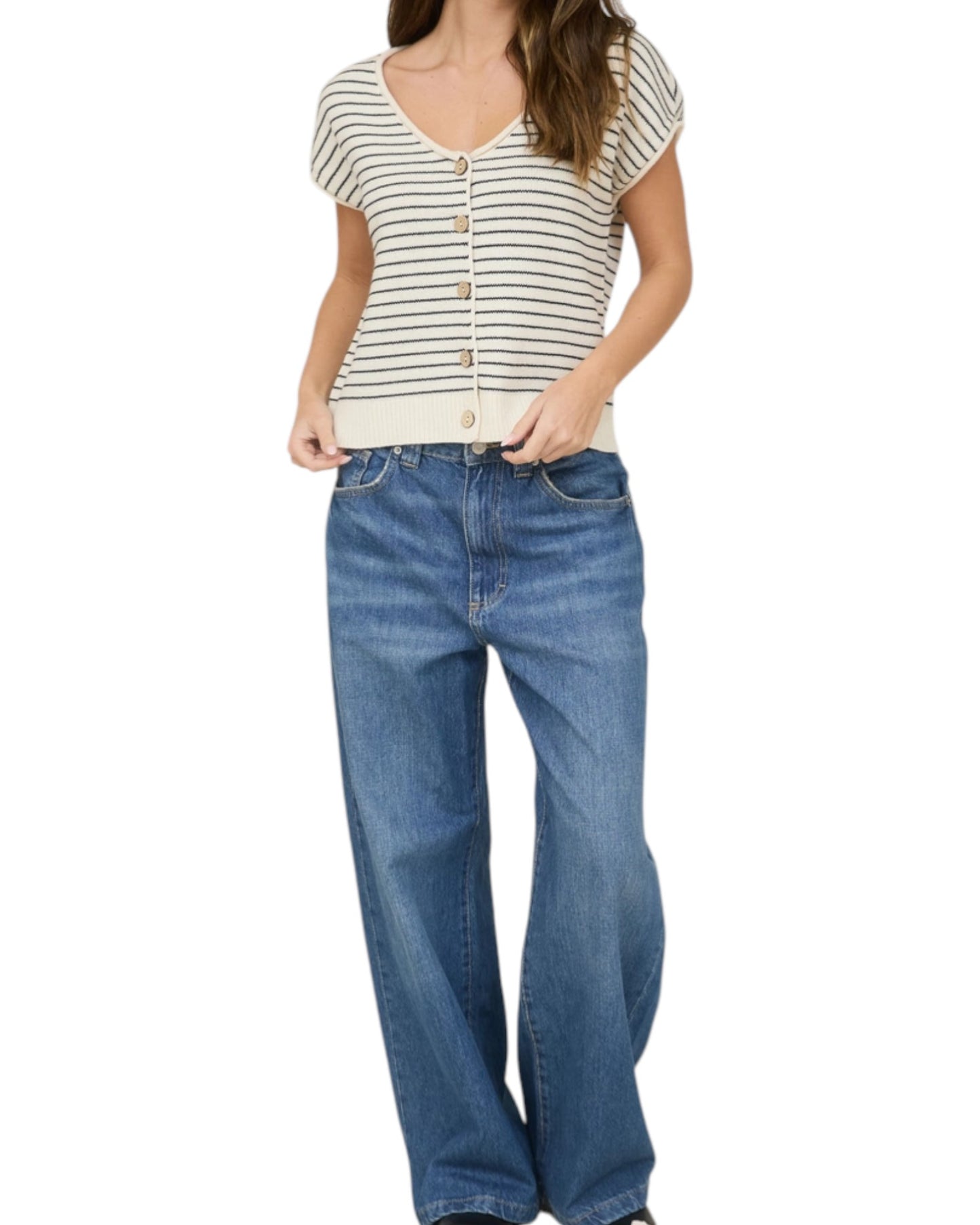 Woman wearing a Cream and Navy striped short sleeve button up cardigan.