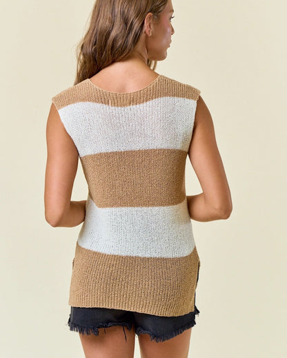 Wide striped knit sweater tank in sand and cream with side slits.
