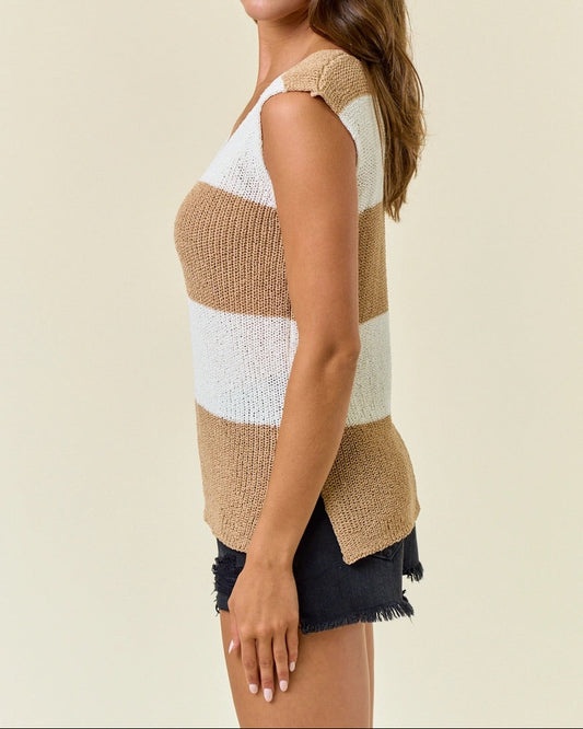 Wide striped knit sweater tank in sand and cream with side slits.