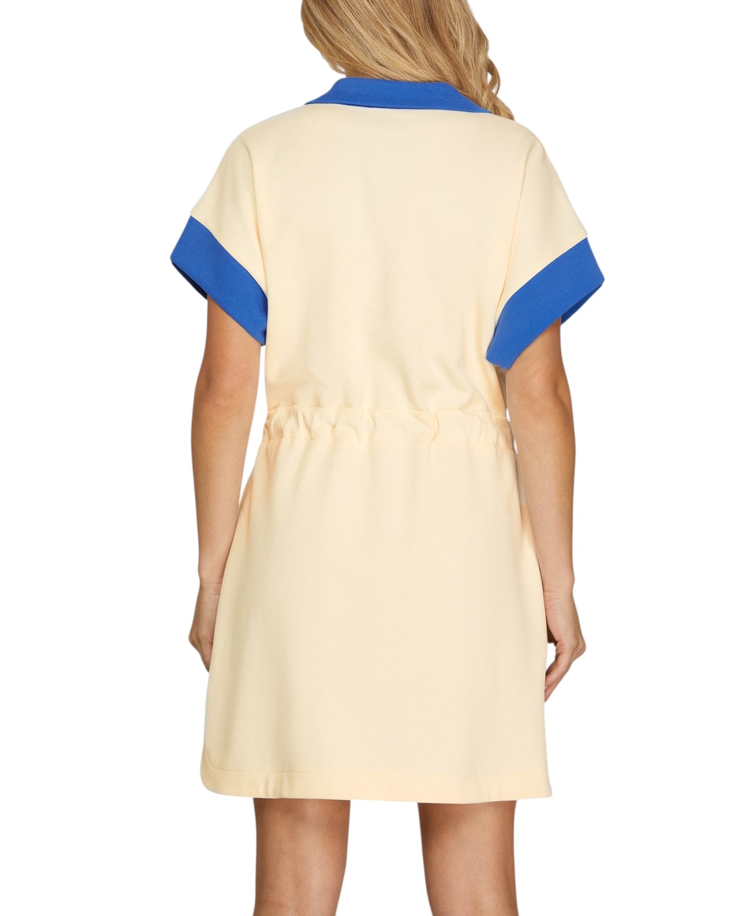 A short-sleeve dress shown from the back, featuring a cream-colored body with cobalt blue collar and sleeve cuff accents, on a solid white background.