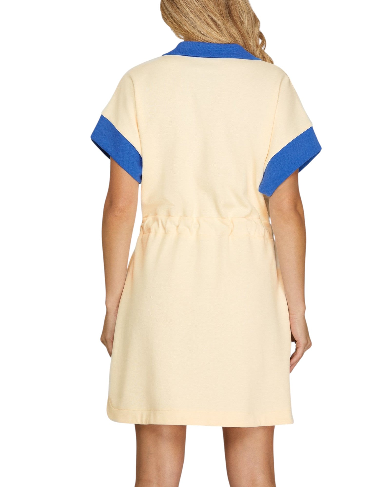 A short-sleeve dress shown from the back, featuring a cream-colored body with cobalt blue collar and sleeve cuff accents, on a solid white background.