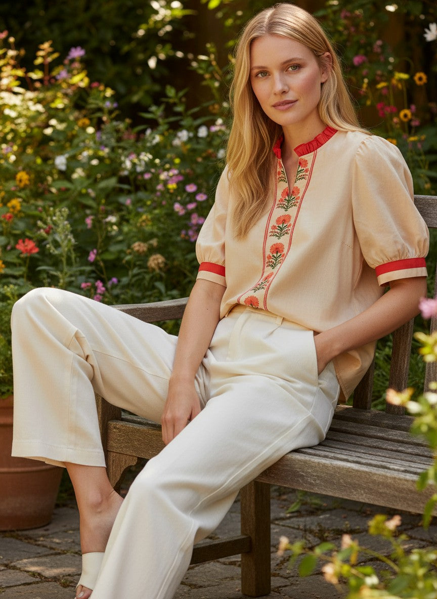 A woman sits on a wooden garden bench wearing a light peach short-sleeve blouse with red trim and floral embroidery down the front, paired with cream wide-leg trousers. 