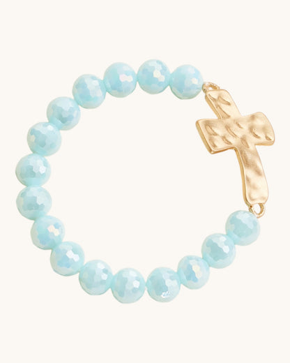 Hammered Gold Cross Glass Bead Stretch Bracelet in Mint, featuring large glass beads and hammered gold cross charm.