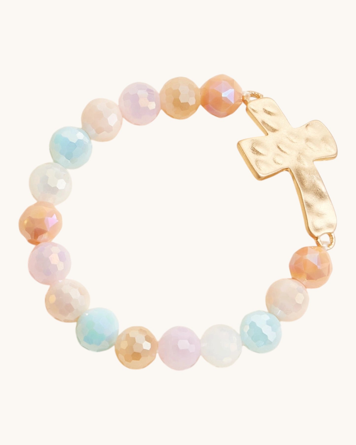 Hammered Gold Cross Glass Bead Stretch Bracelet in multi-color light beads, featuring large glass beads and hammered gold cross charm.