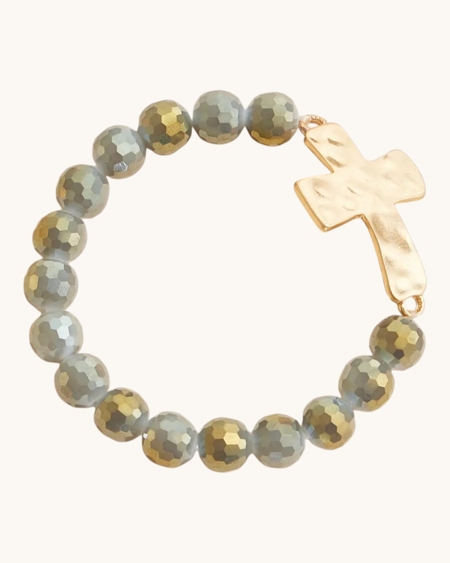 Hammered Gold Cross Glass Bead Stretch Bracelet in Grey, featuring large glass beads and hammered gold cross charm.