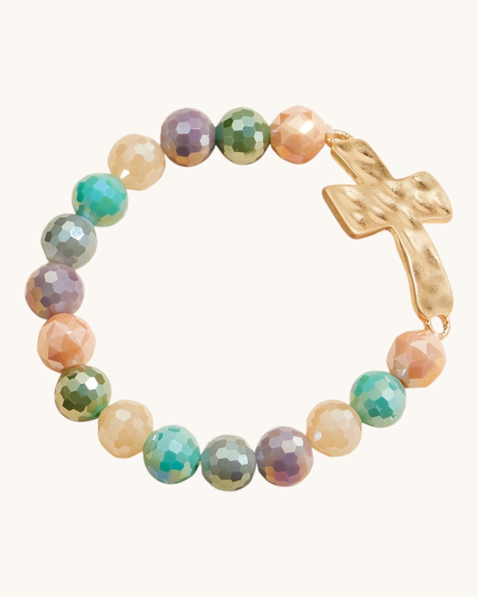 Hammered Gold Cross Glass Bead Stretch Bracelet in multi-color dark beads, featuring large glass beads and hammered gold cross charm.