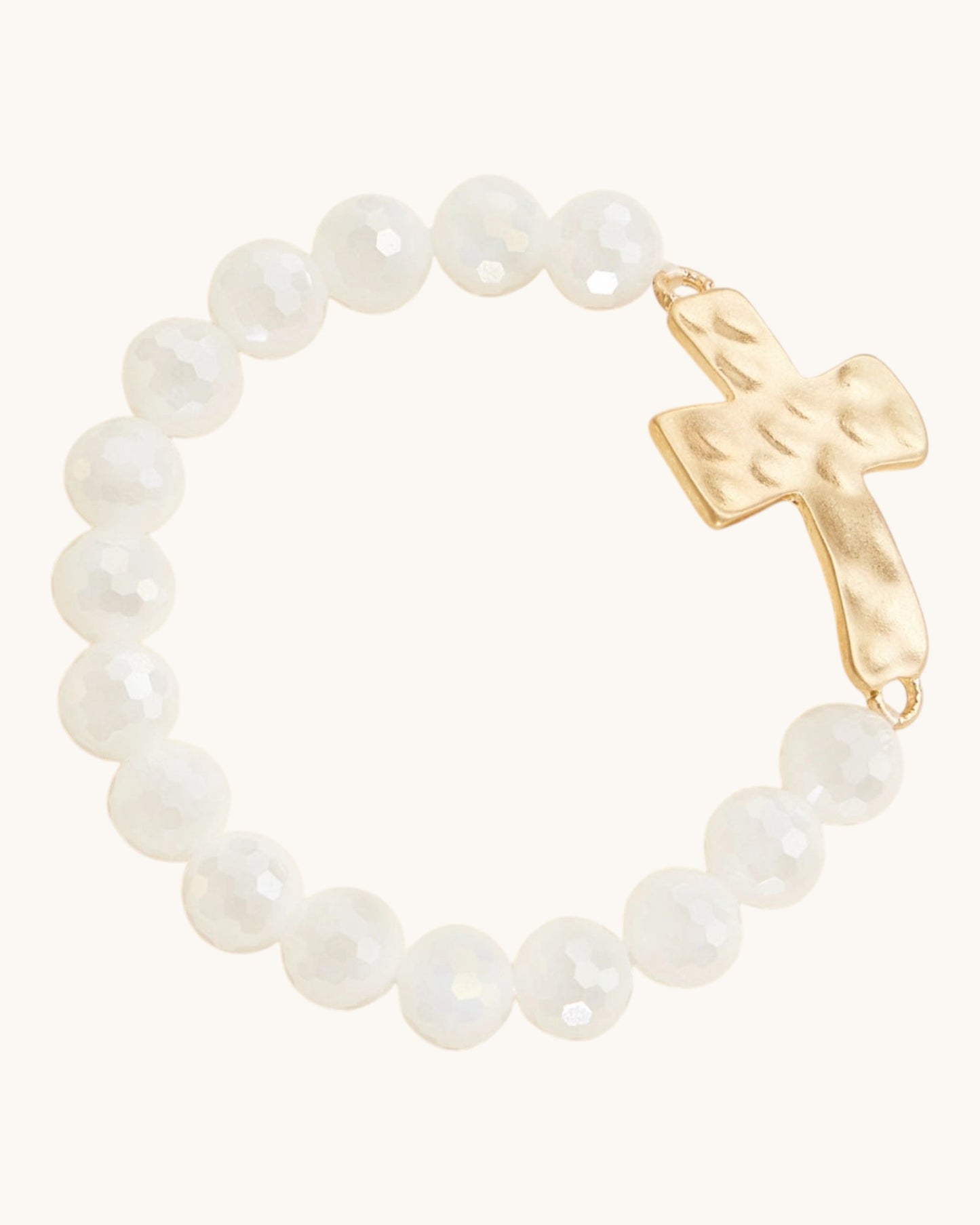 Hammered Gold Cross Glass Bead Stretch Bracelet in White, featuring large glass beads and hammered gold cross charm.