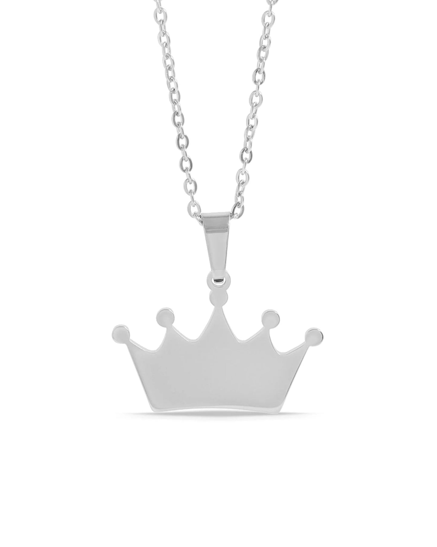 Silver crown pendant on a chain against a white background.