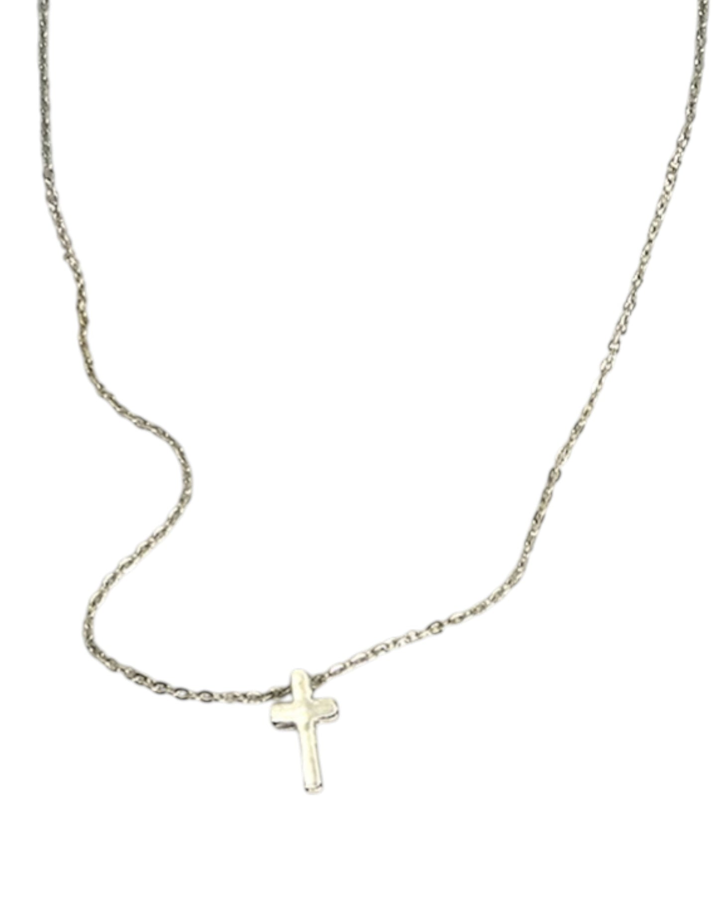 Silver necklace with a small cross pendant on a white background.