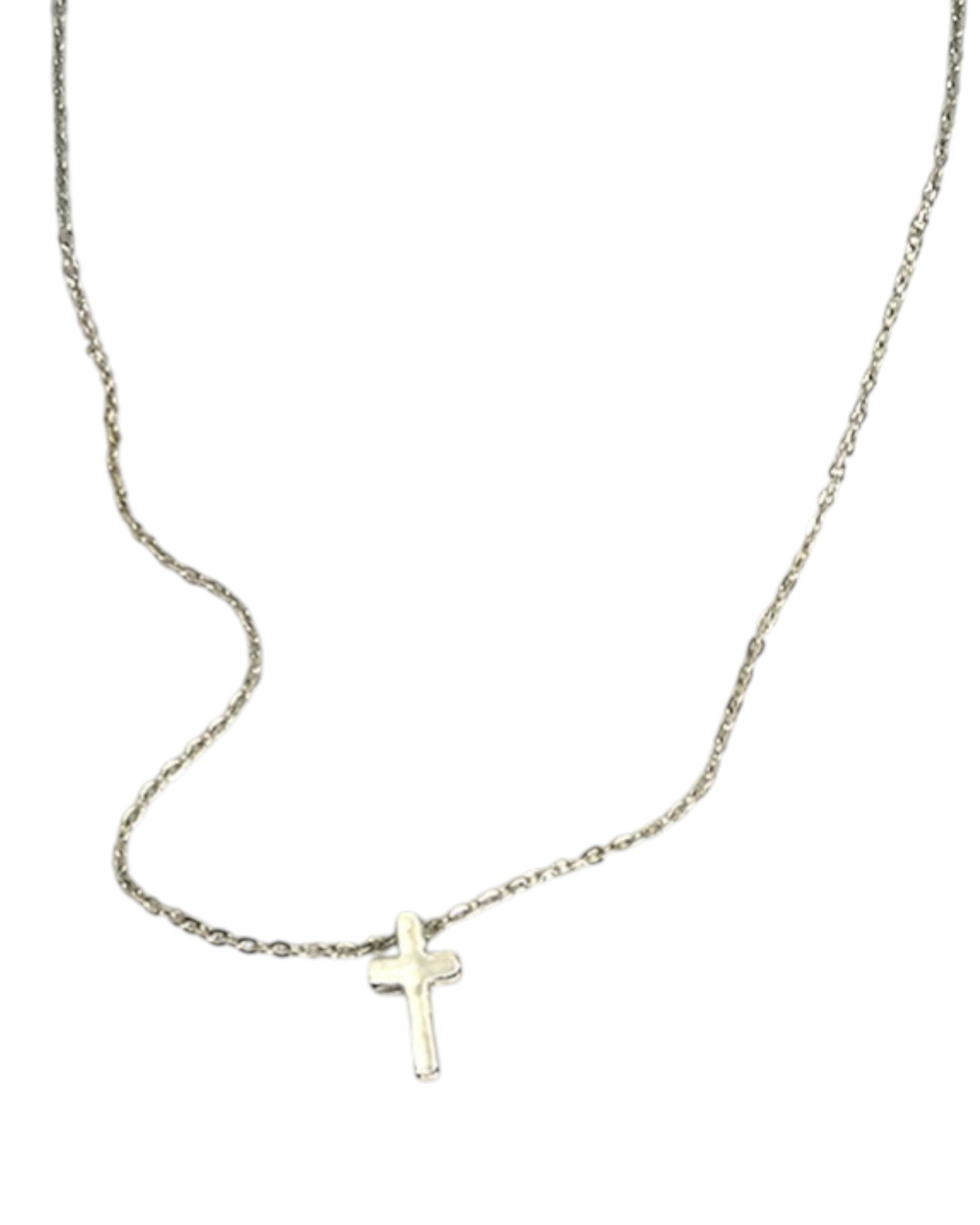 Silver necklace with a small cross pendant on a white background.